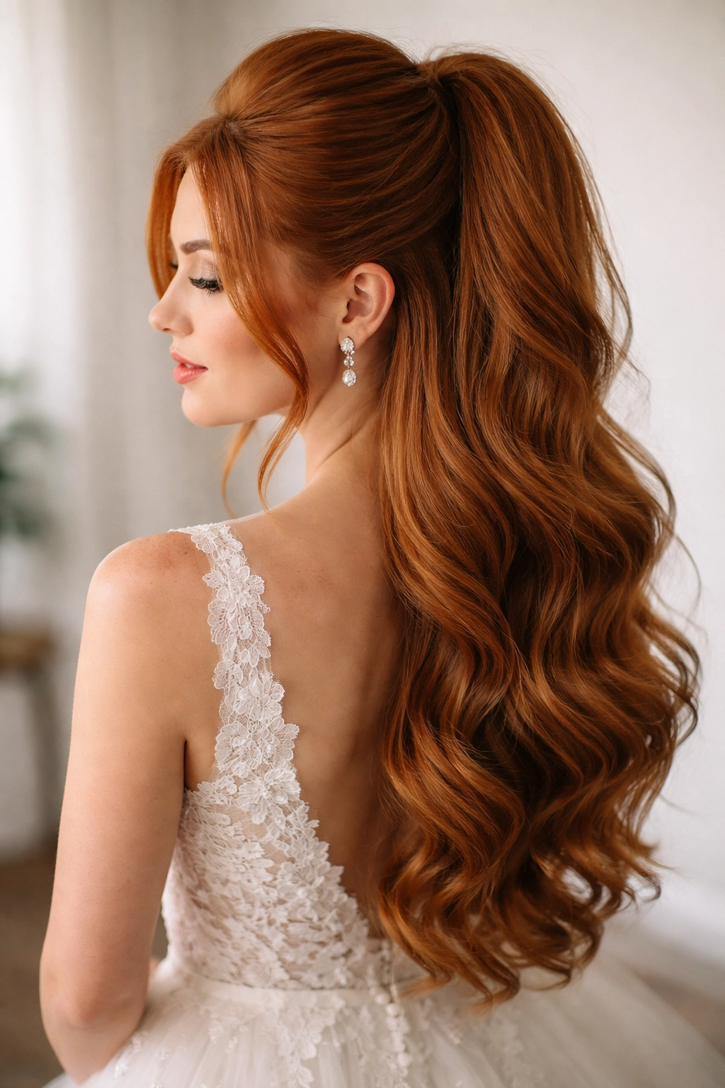 High half-up hairstyle with voluminous crown and subtle waves on red hair