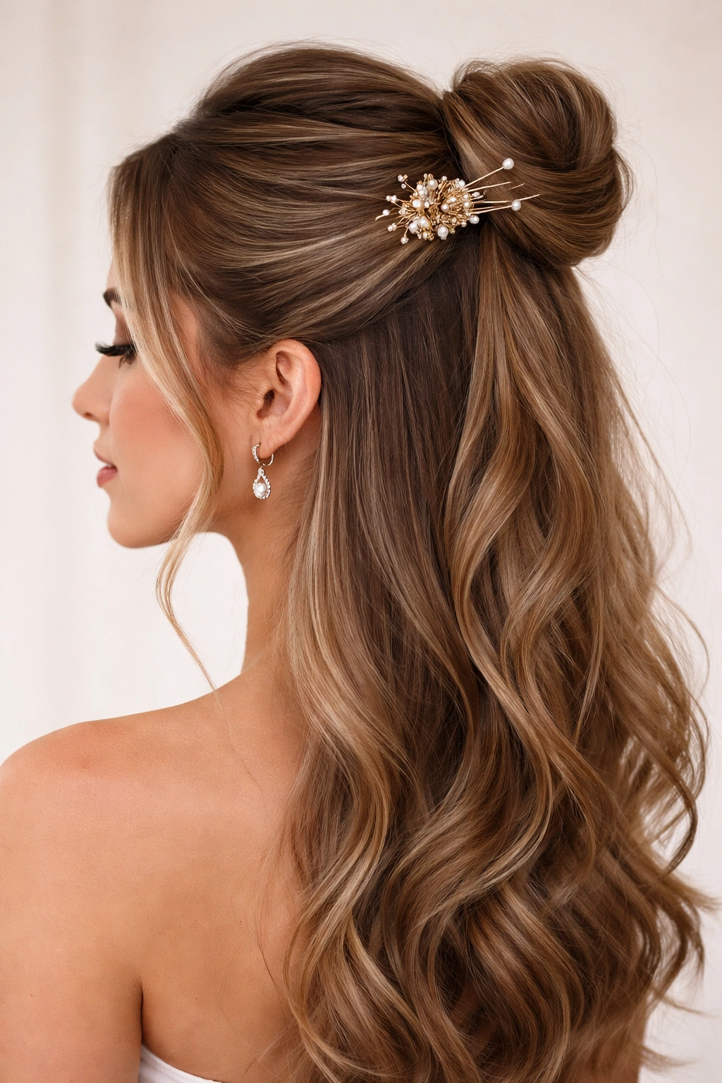 Side profile of high half-up with decorative hair stick at crown