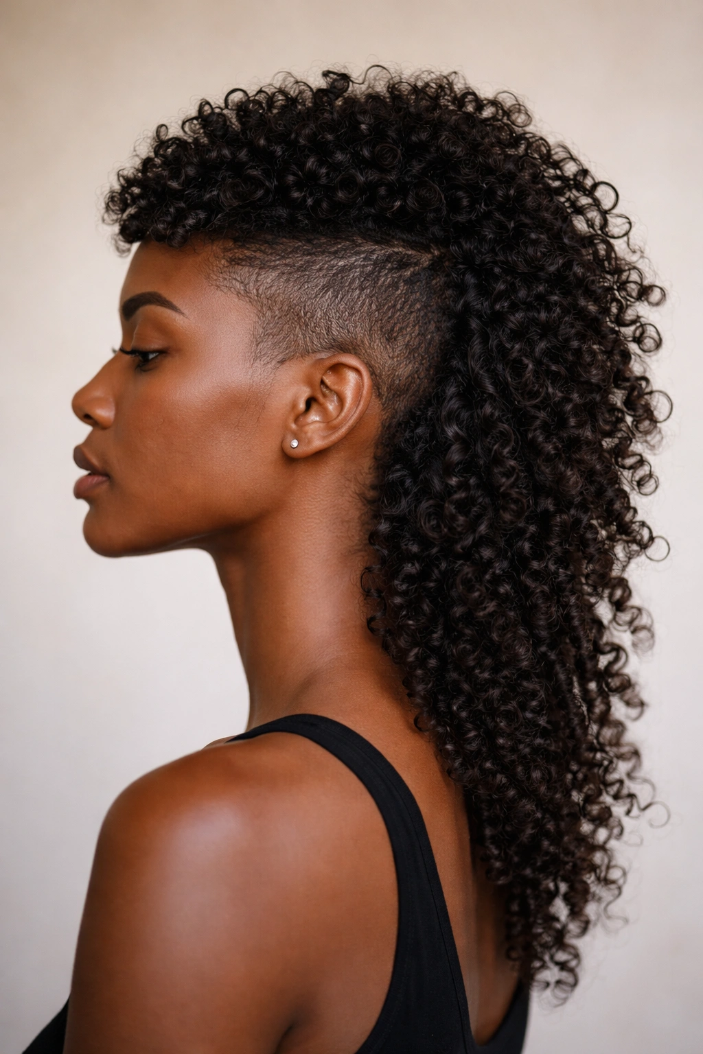 Close-up portrait of a person with a high-low mullet, short crown and long textured back