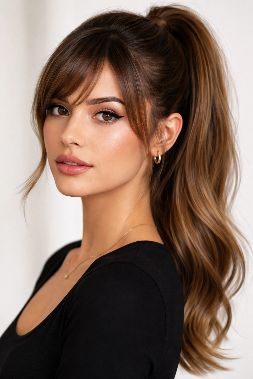High ponytail with bangs framing the face