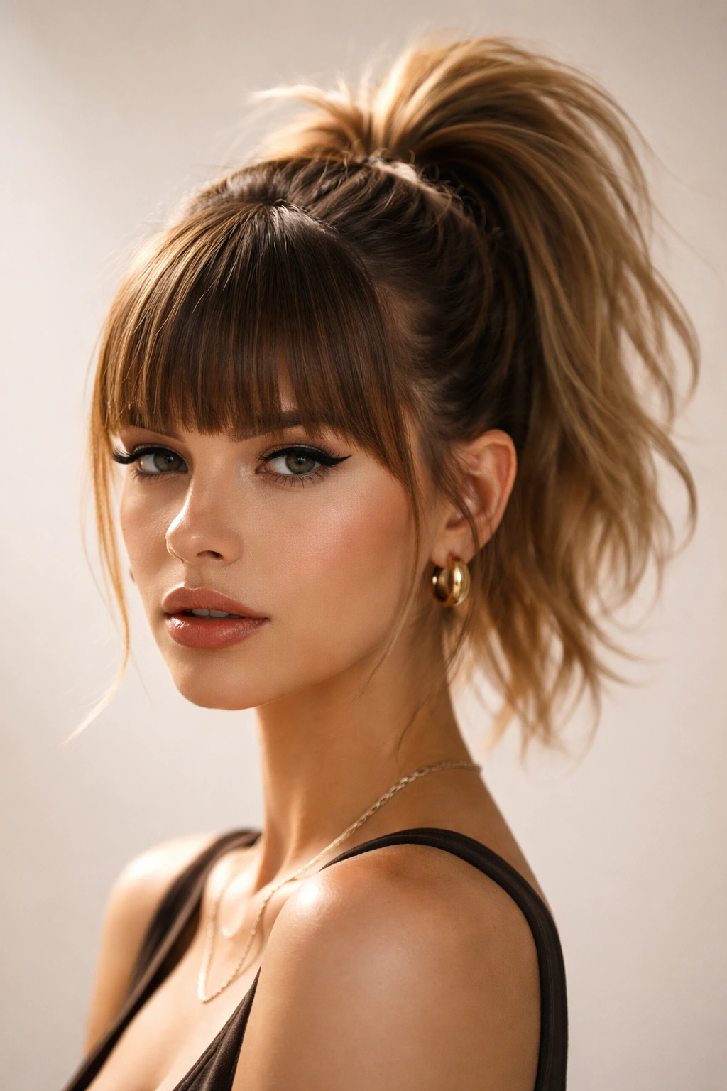Portrait of a person with a high ponytail and blunt bangs