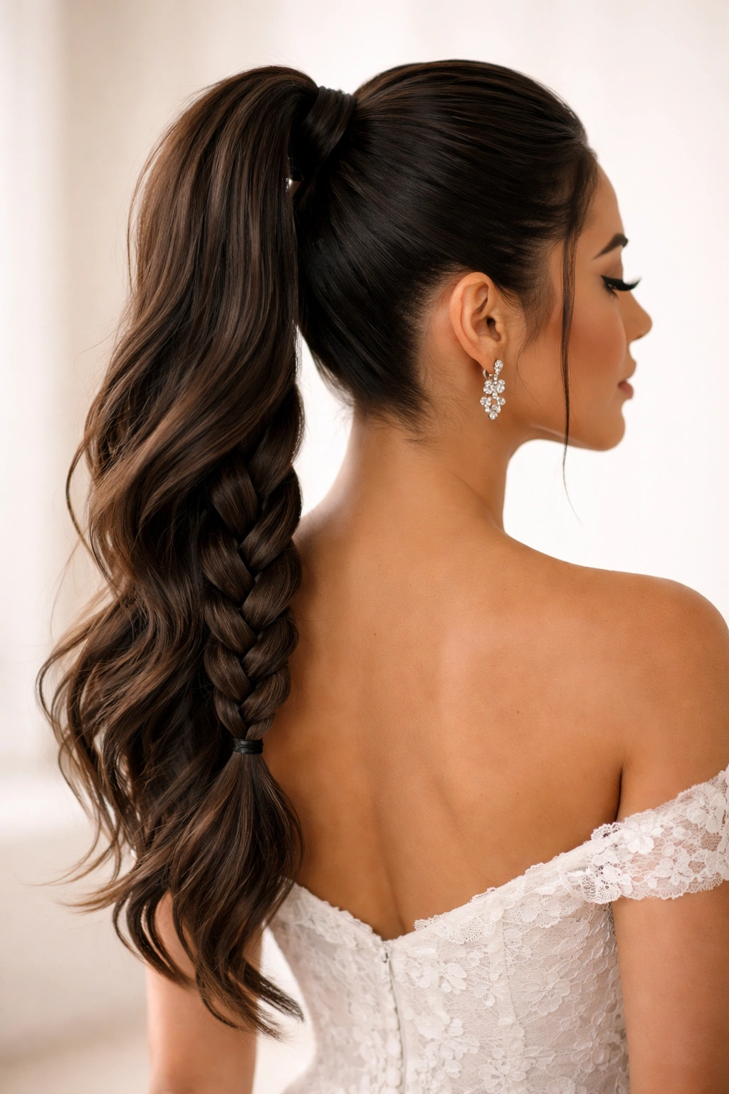 Back view of a high ponytail with a braided tail