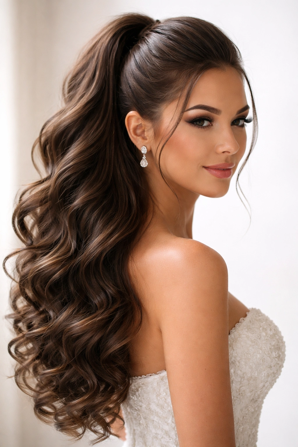 Sleek high pony hairstyle with cascading curls on thick hair