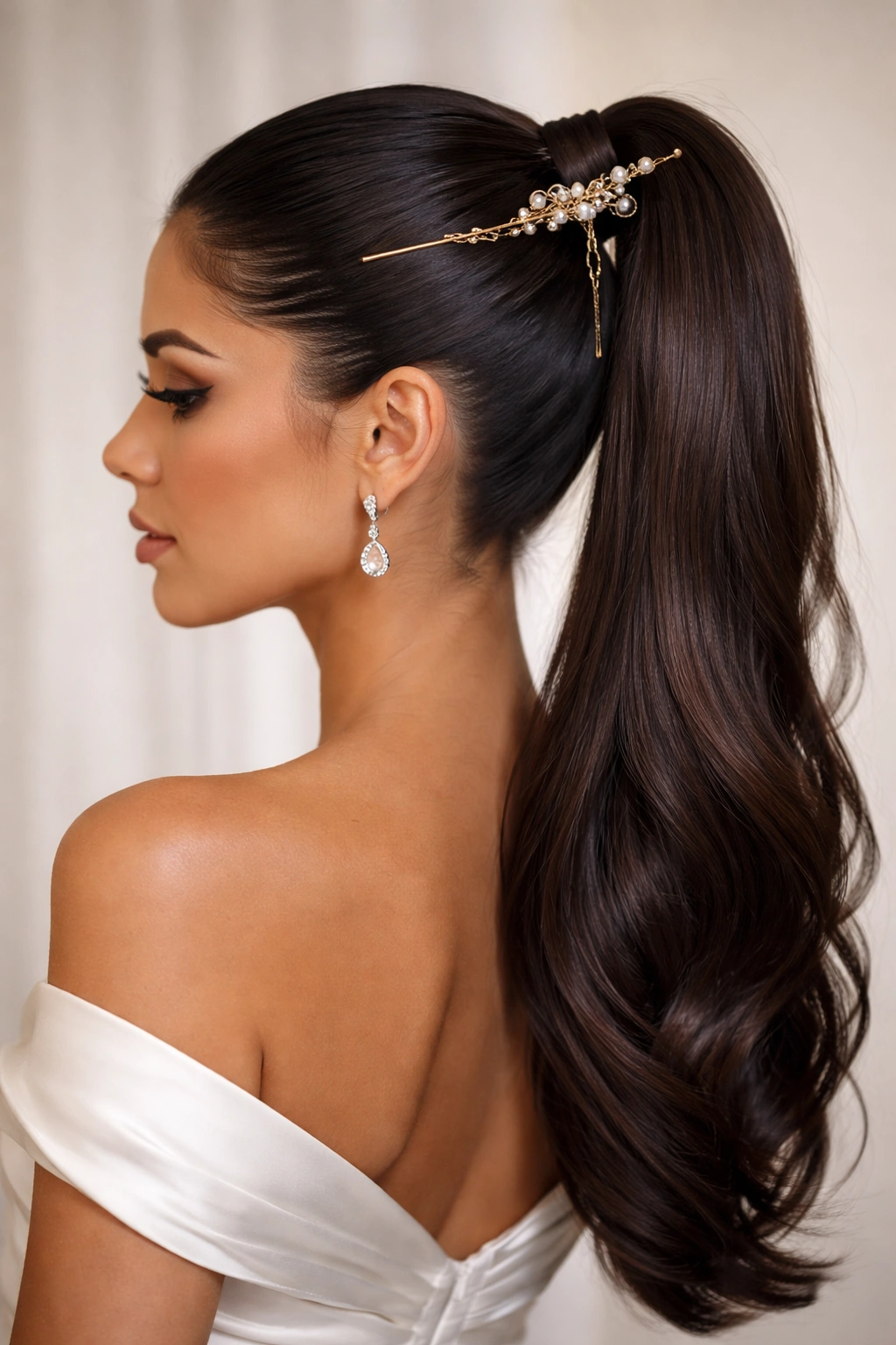 High sleek ponytail with decorative hair stick