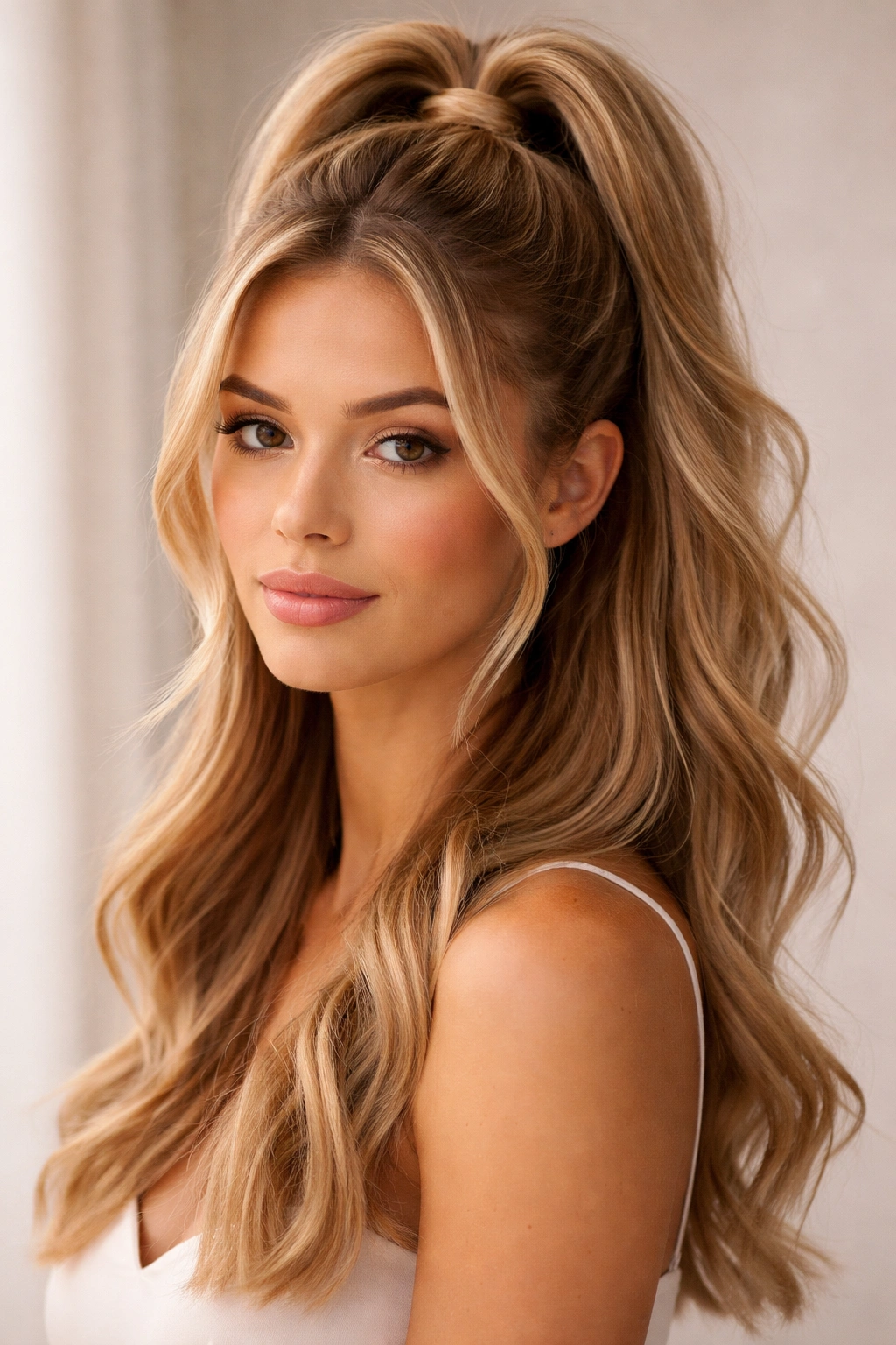 High ponytail half up with crown pony and loose waves