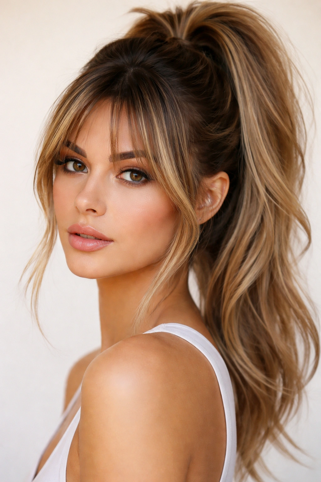 High ponytail with face-framing highlights and bangs in studio lighting