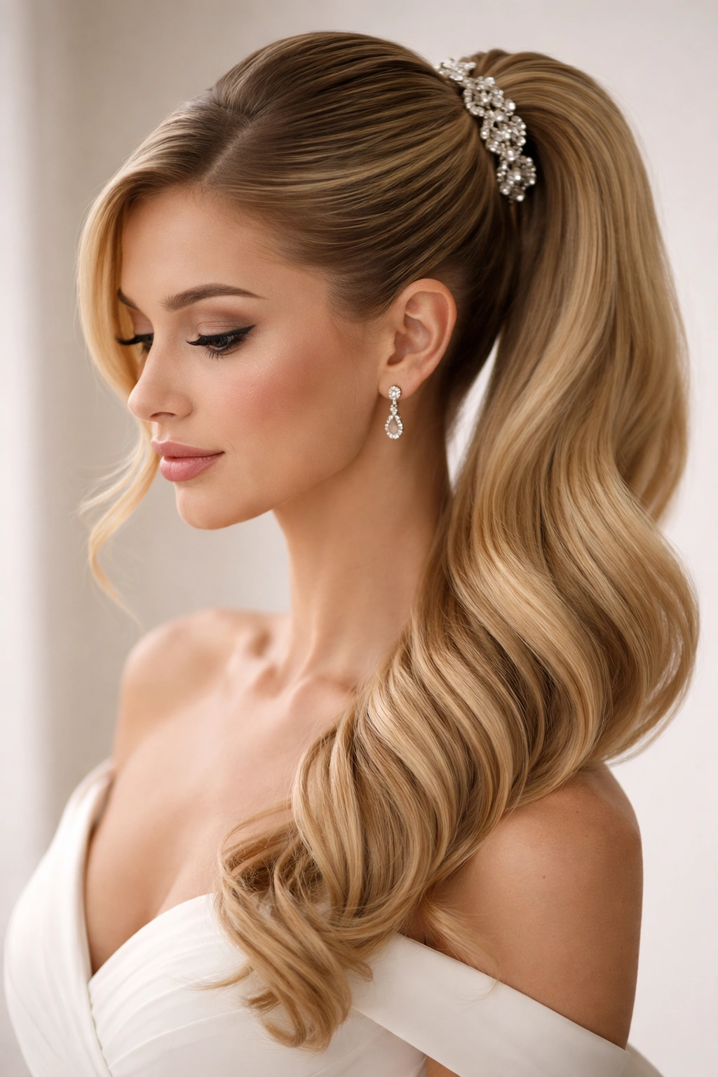 Polished high side ponytail with jeweled bobby pins for wedding styling