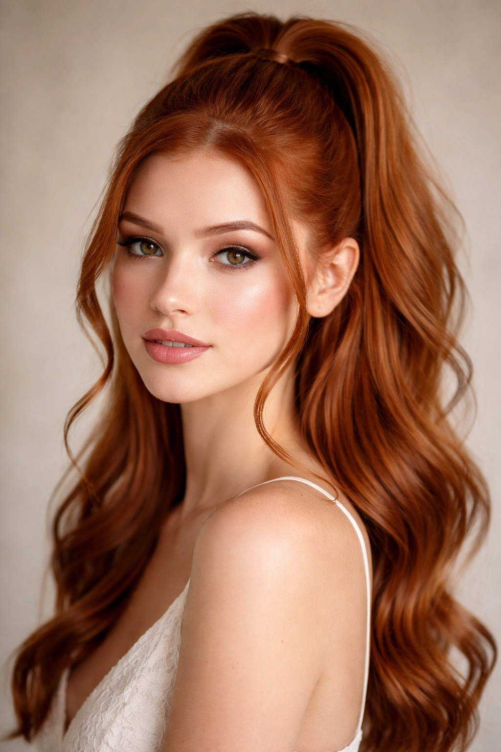 Red hair styled in a sleek high half-up pony with soft waves
