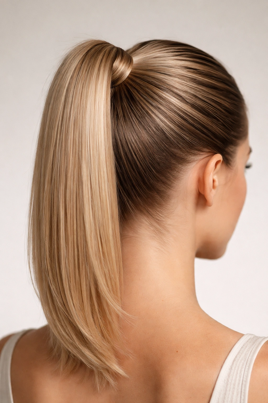 Close-up of a high ponytail secured at the crown with smooth hair