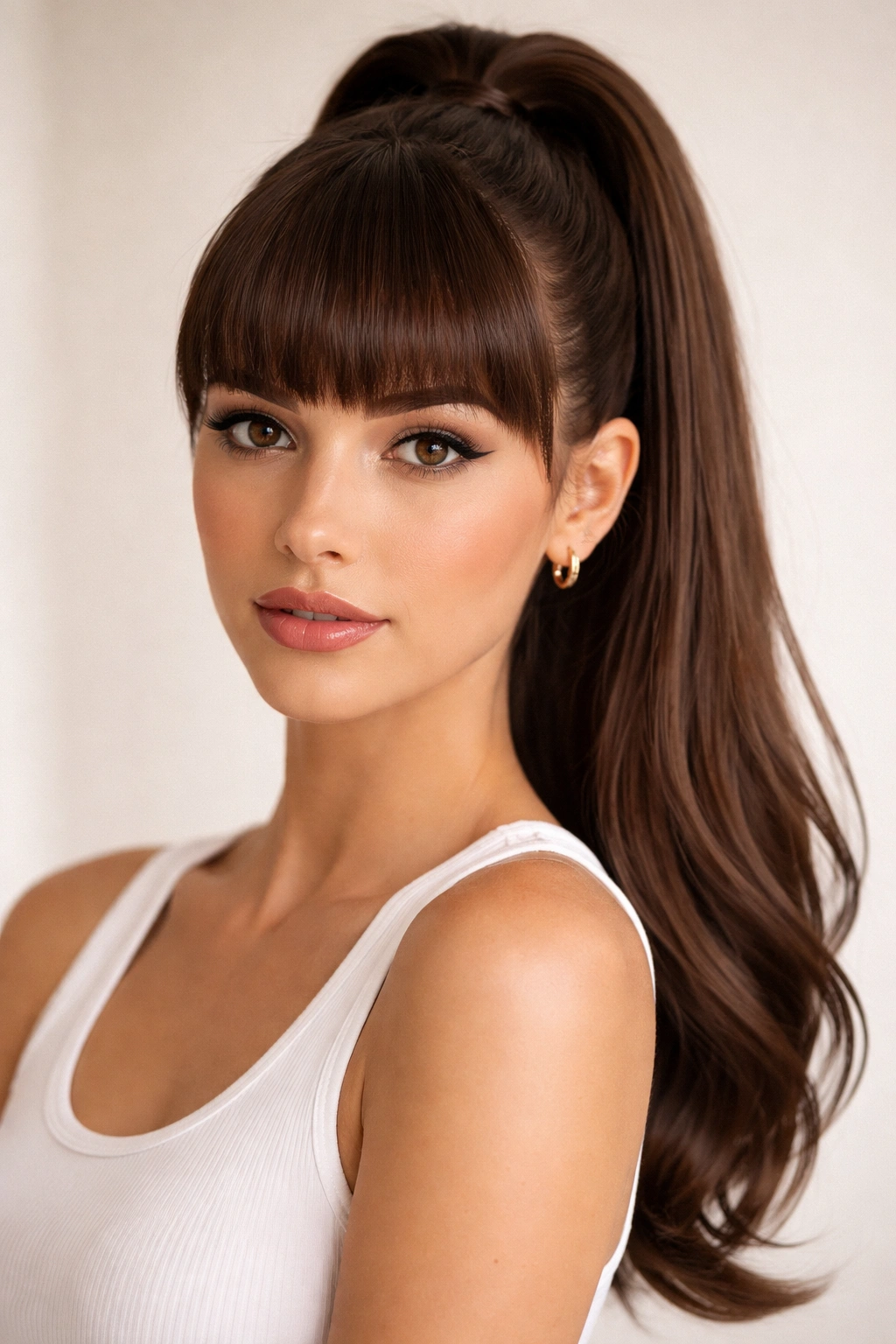 Close-up portrait of a person with a high ponytail and blunt bangs.