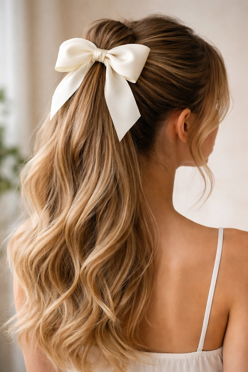 High crown ponytail with bow at the crown