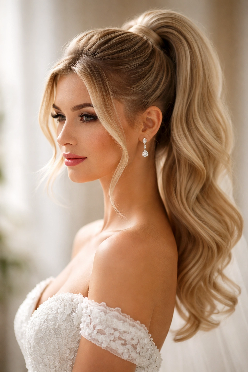 Close-up of a sleek high ponytail with face-framing layers for a bridal look