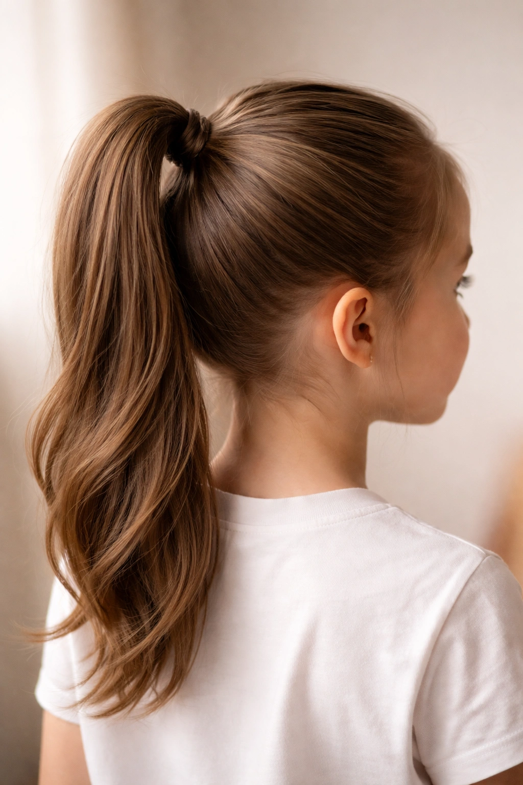 Close-up of a child's high ponytail at the crown with smooth hair