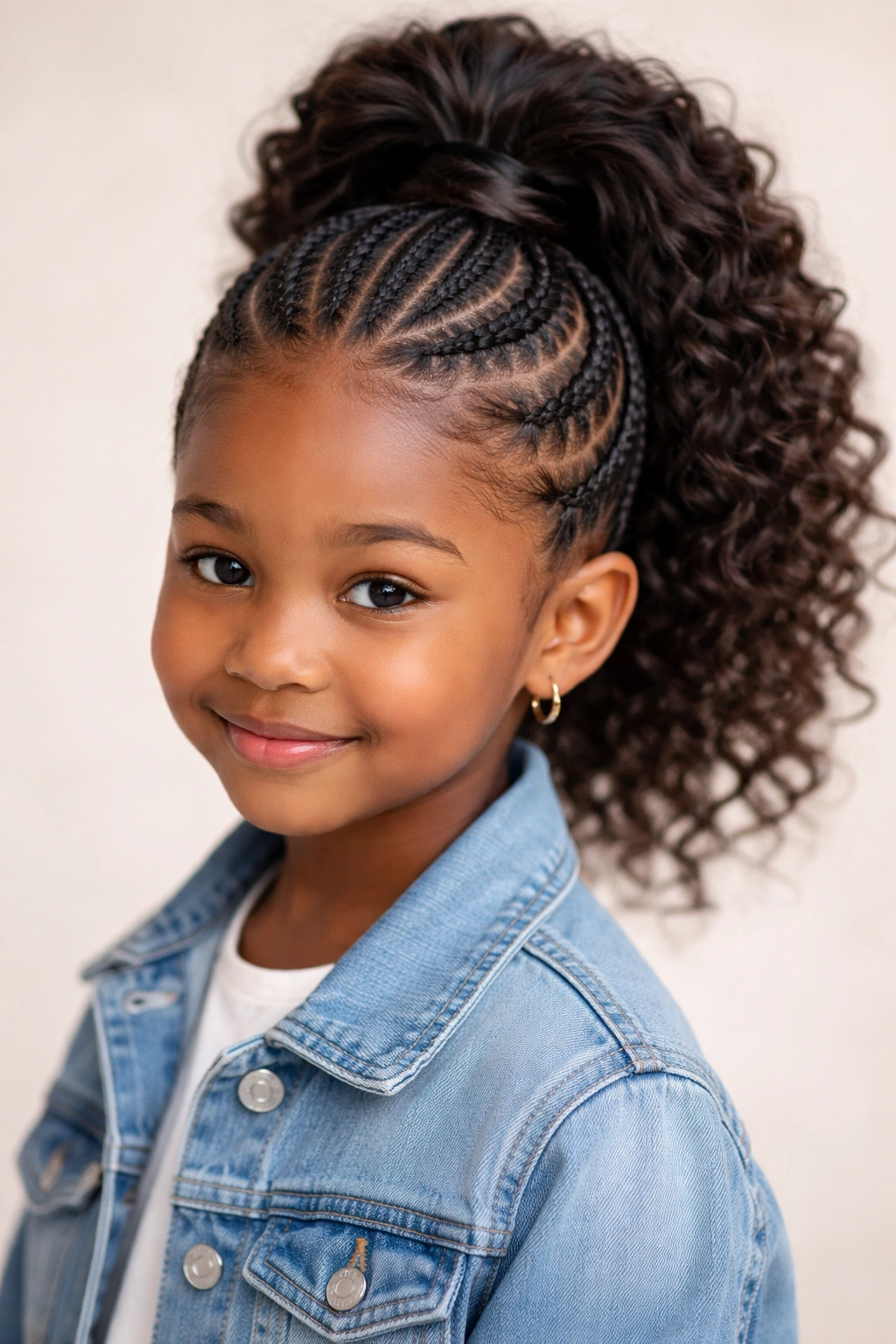Child with high ponytail and crown braids, protective hairstyle for kids.