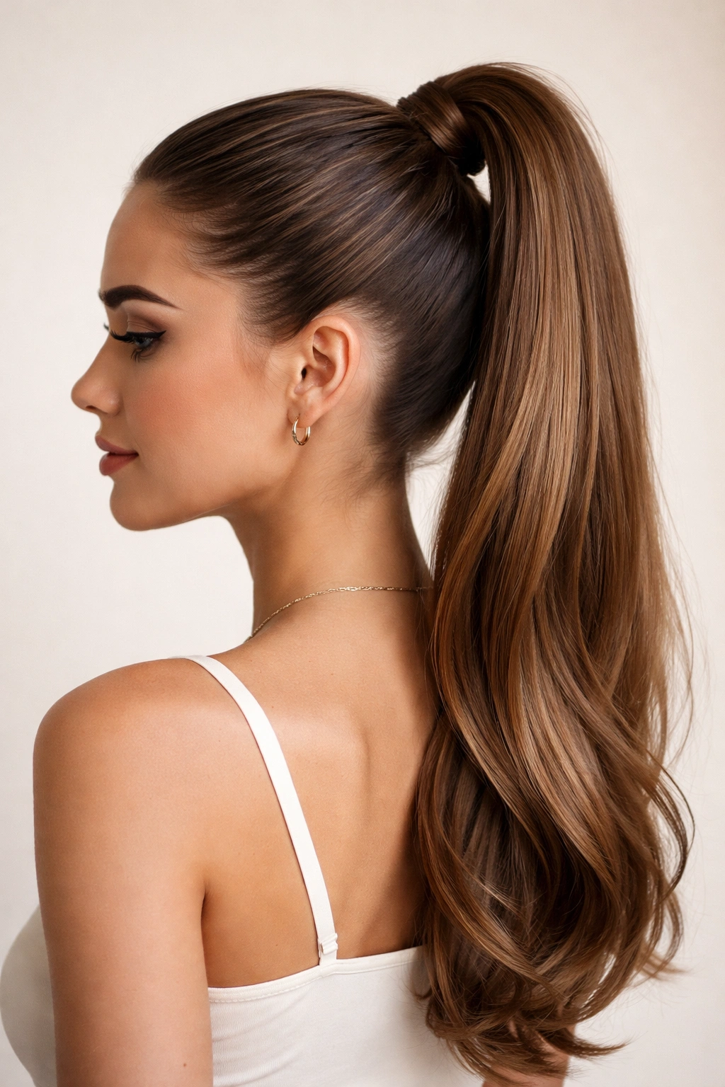 Close-up of a classic high ponytail tied at the crown with sleek, glossy hair