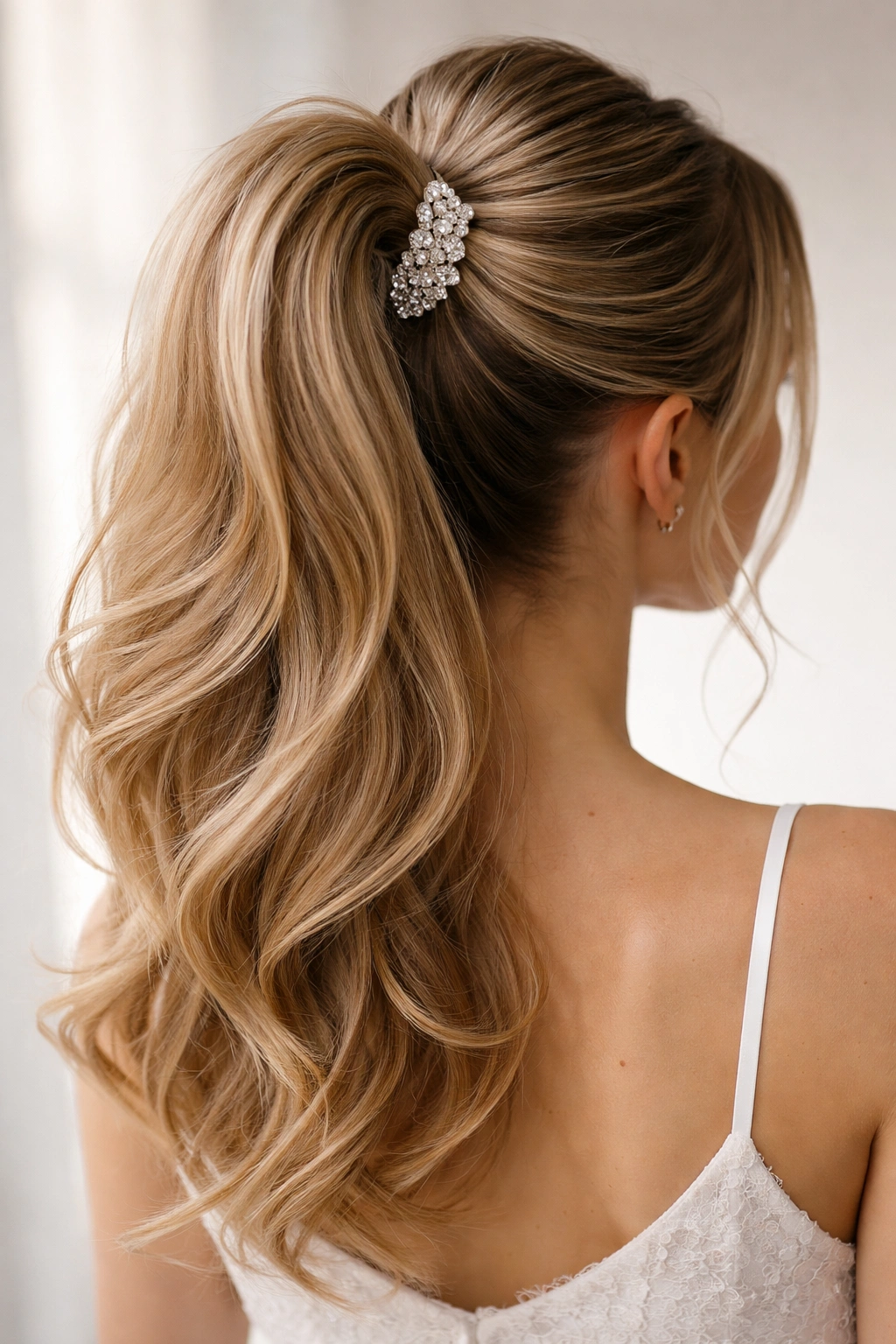 High ponytail with crystal clip and lifted volume