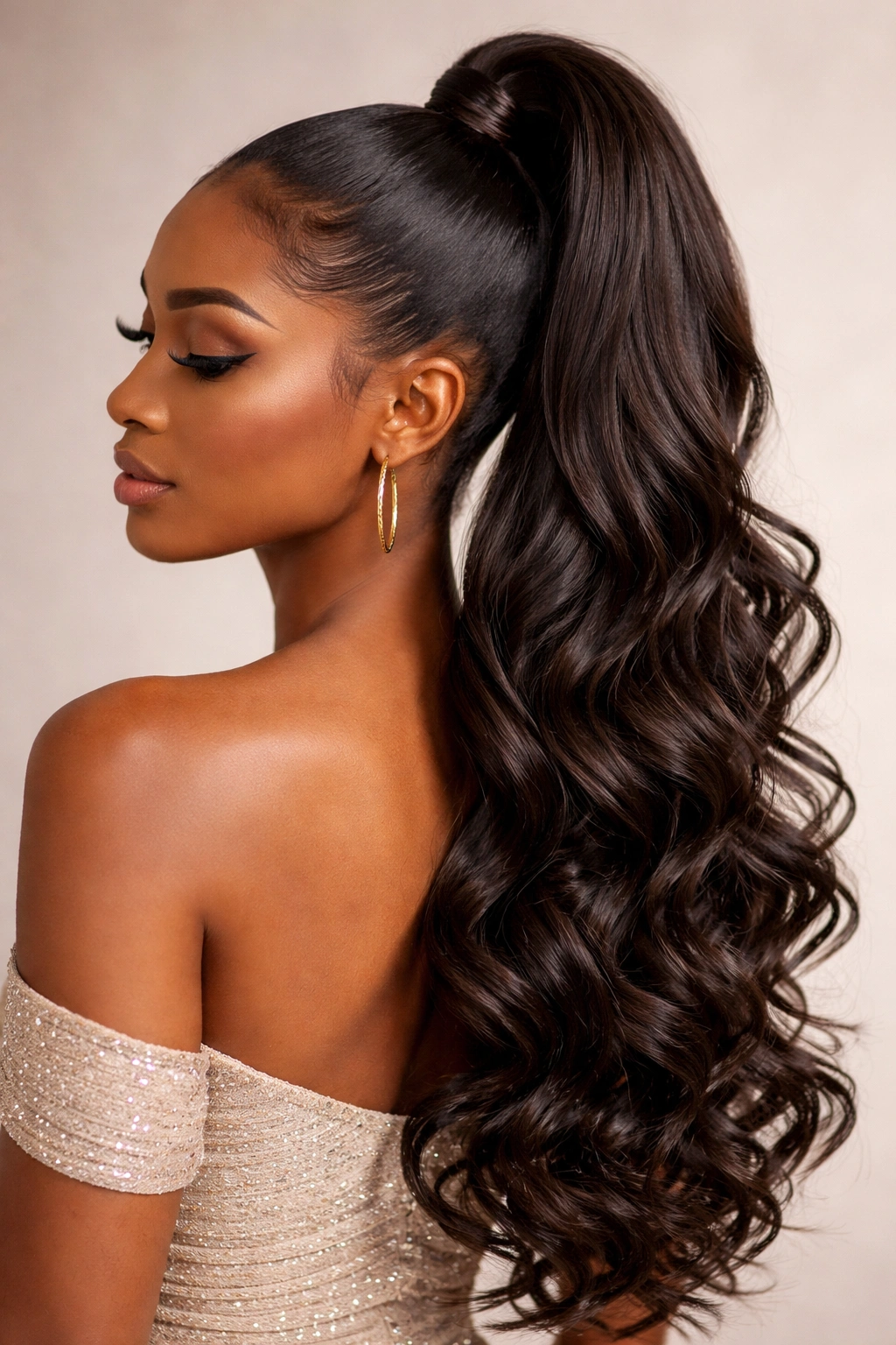 Sleek high ponytail with cascading curls