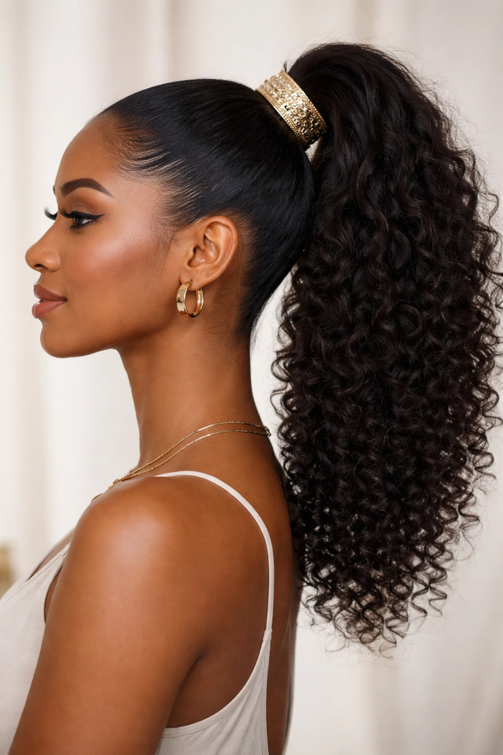 Close-up of high ponytail with decorative cuff at base