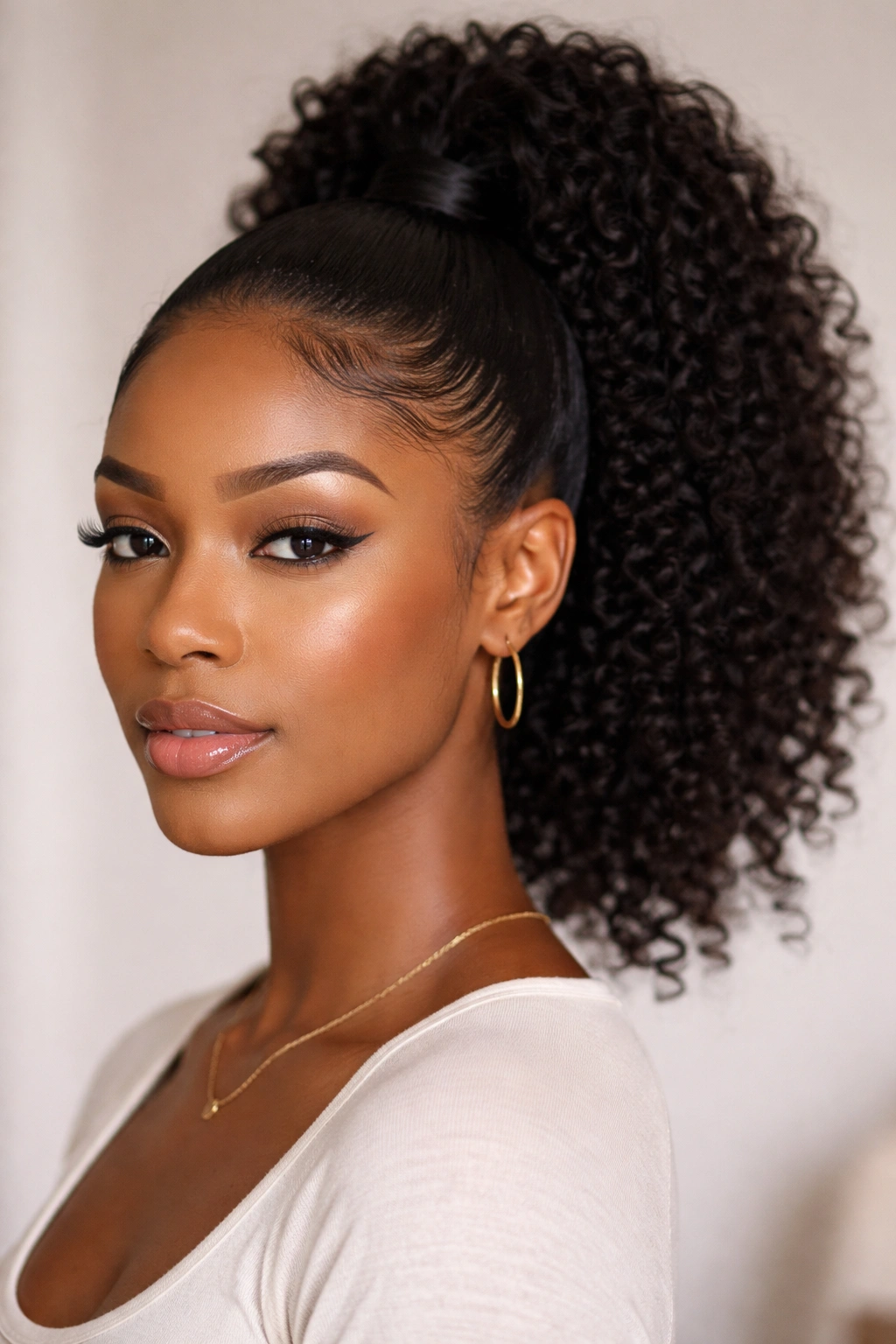 Close-up of a classic high ponytail with smoothly laid edges on natural hair