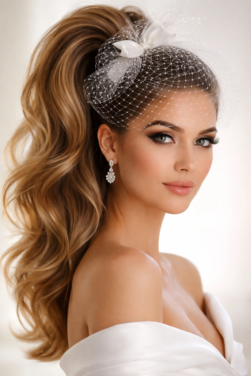 Portrait of a woman with a voluminous high ponytail and petite fascinator veil