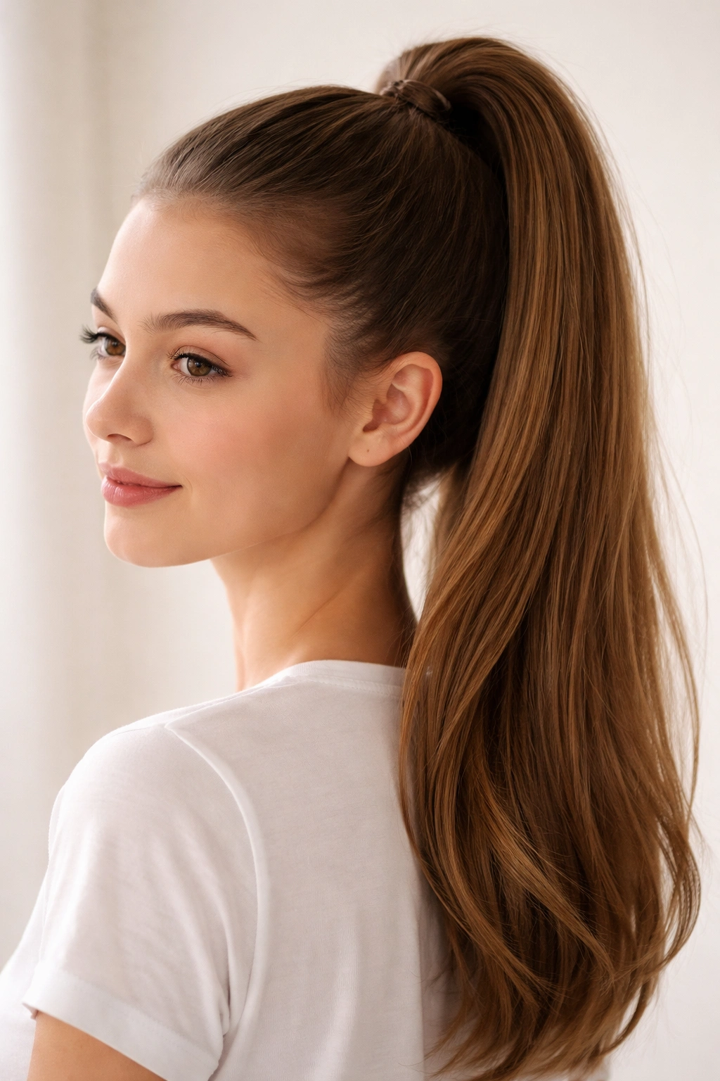 Close-up of a glossy high ponytail secured at the crown