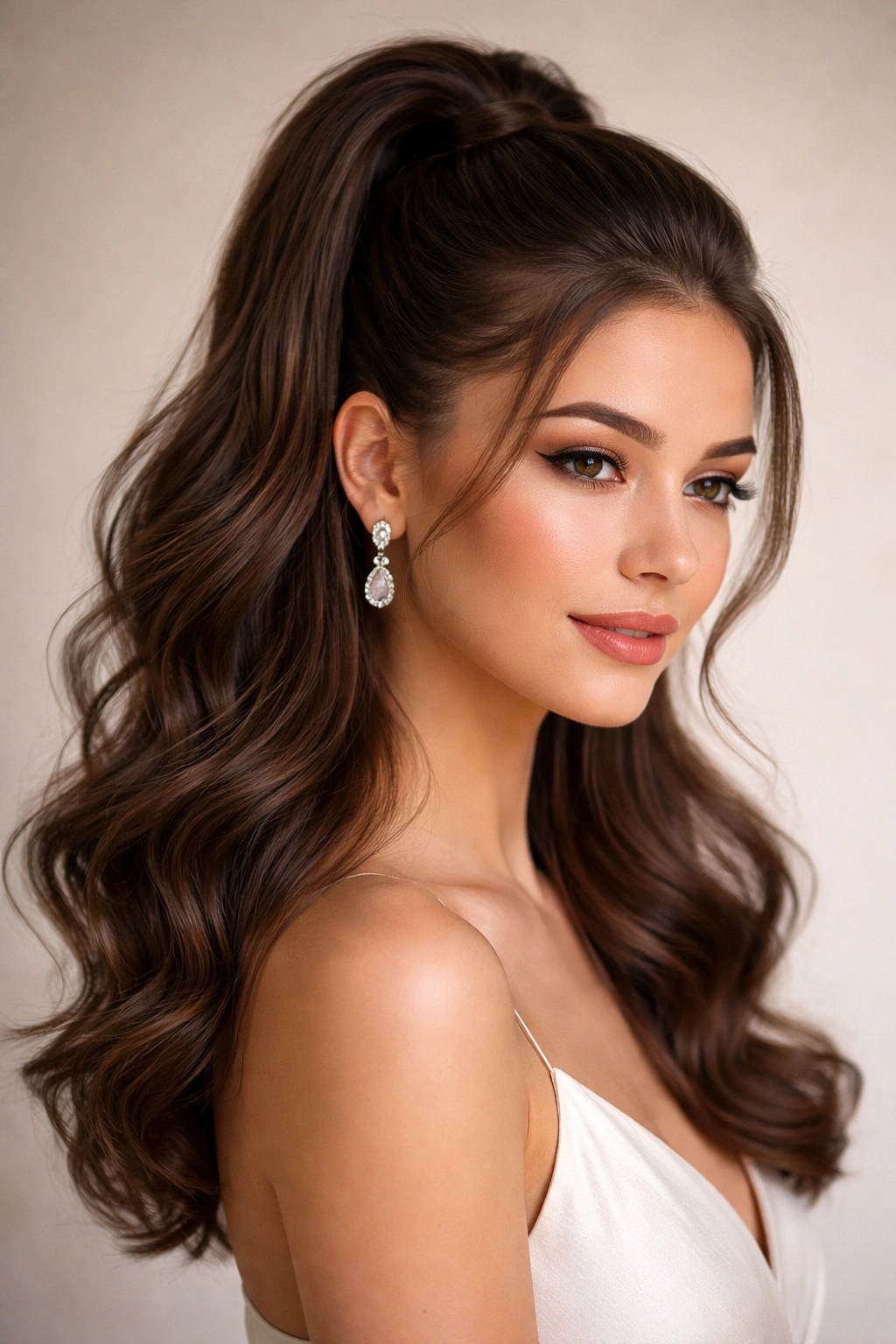Close-up of sleek high ponytail half-up hairstyle with smooth top and textured bottom