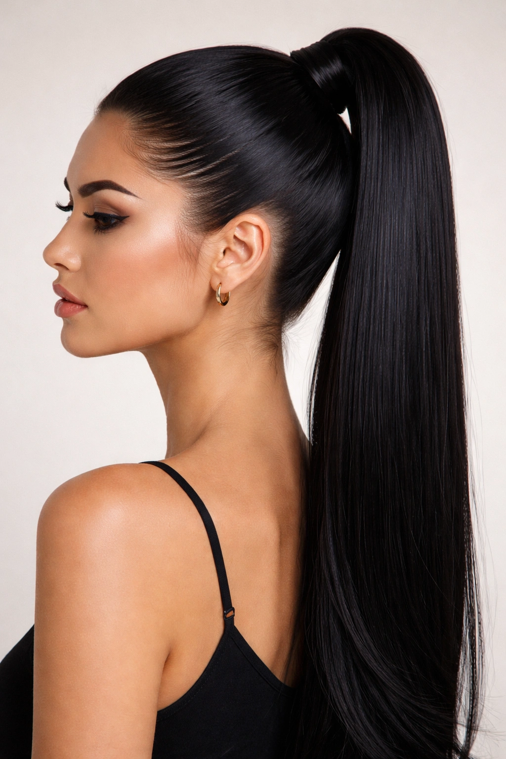 Jet-black hair in a sleek high ponytail with glossy finish