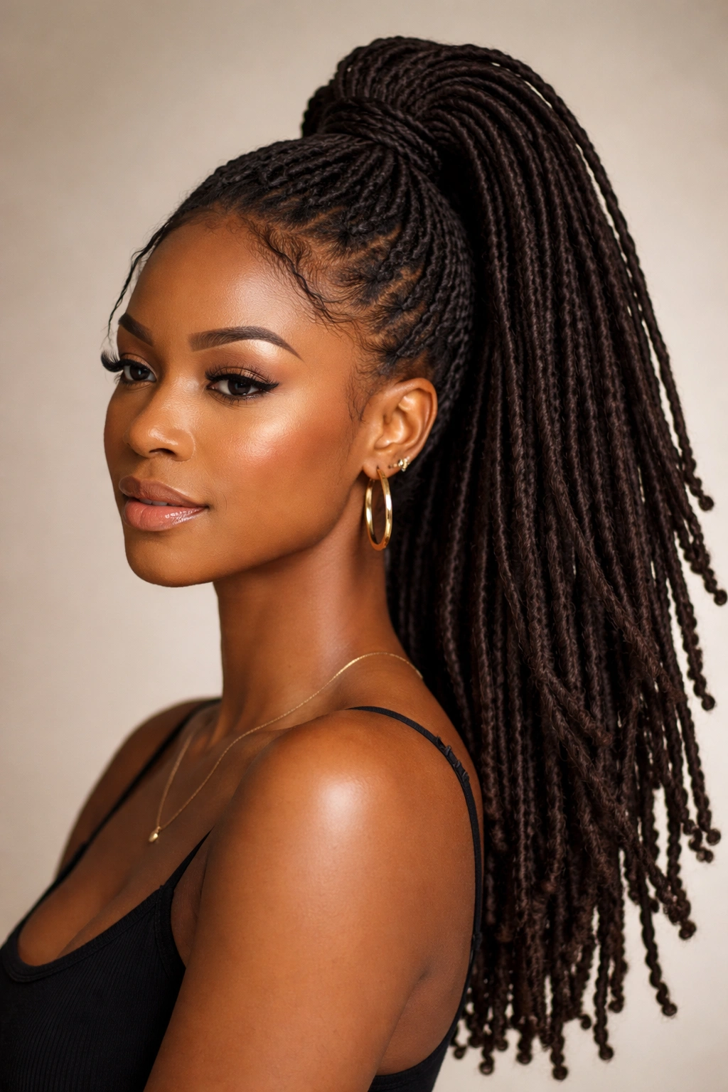 Close-up of locs in a high crown ponytail with pronounced texture