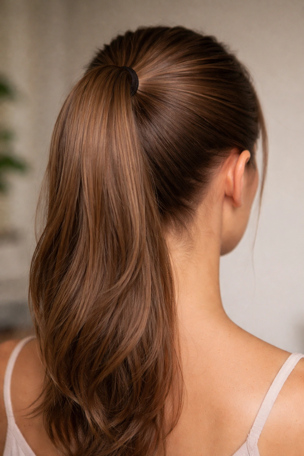 High ponytail styled too tightly with slicked crown showing lack of texture
