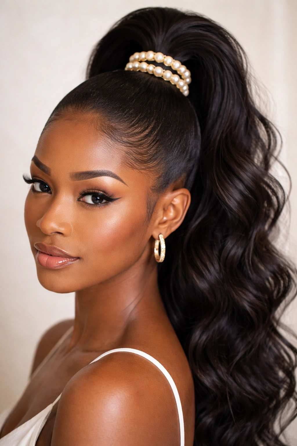 Close-up of a high ponytail with pearl clips at the crown