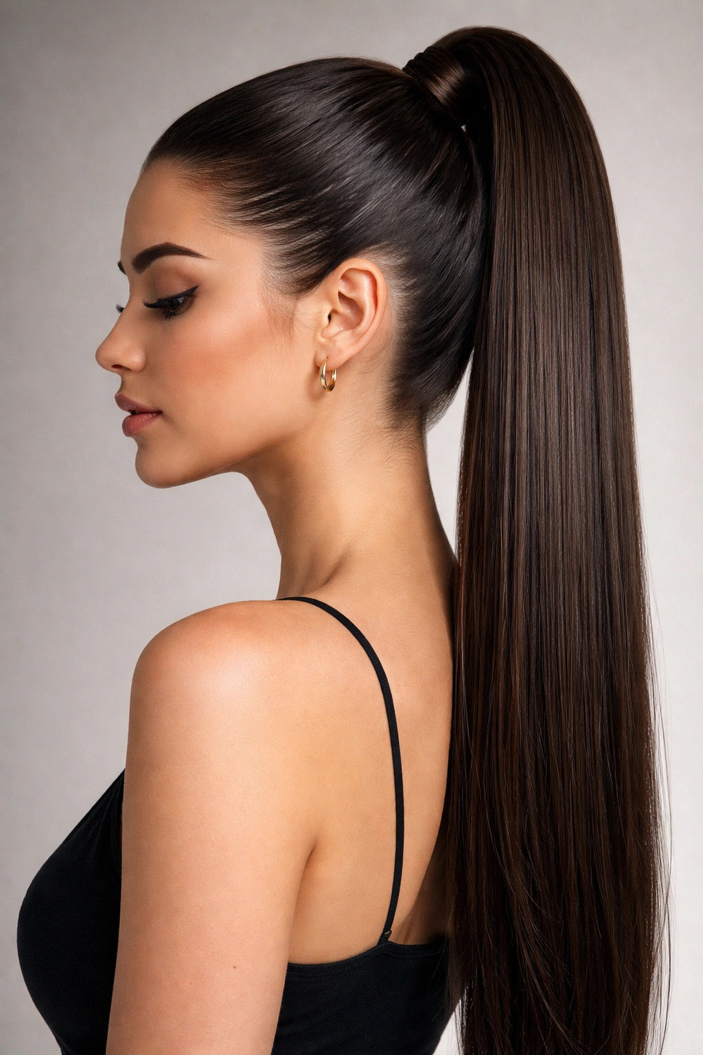 Portrait of a person with a sleek high ponytail on straight hair in a neutral studio setting