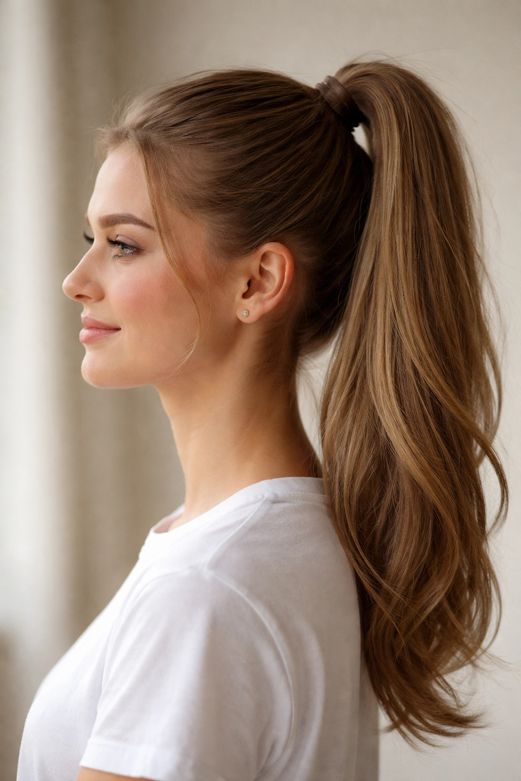 Close-up of a classic high ponytail with smooth glossy hair at the crown