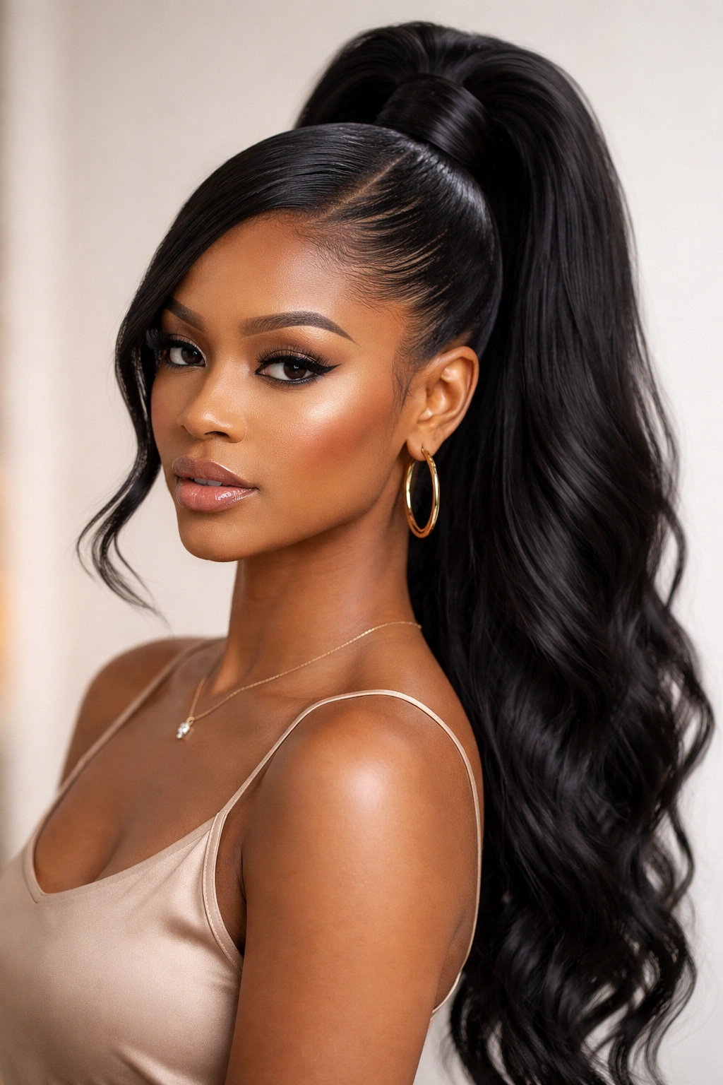 Close-up of a model with a classic high ponytail and side part, highlighting a secure sew-in base