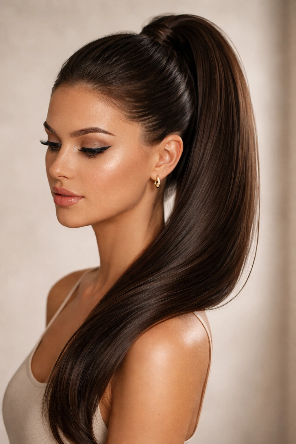 Close-up of a high side-swept ponytail with sleek straight hair
