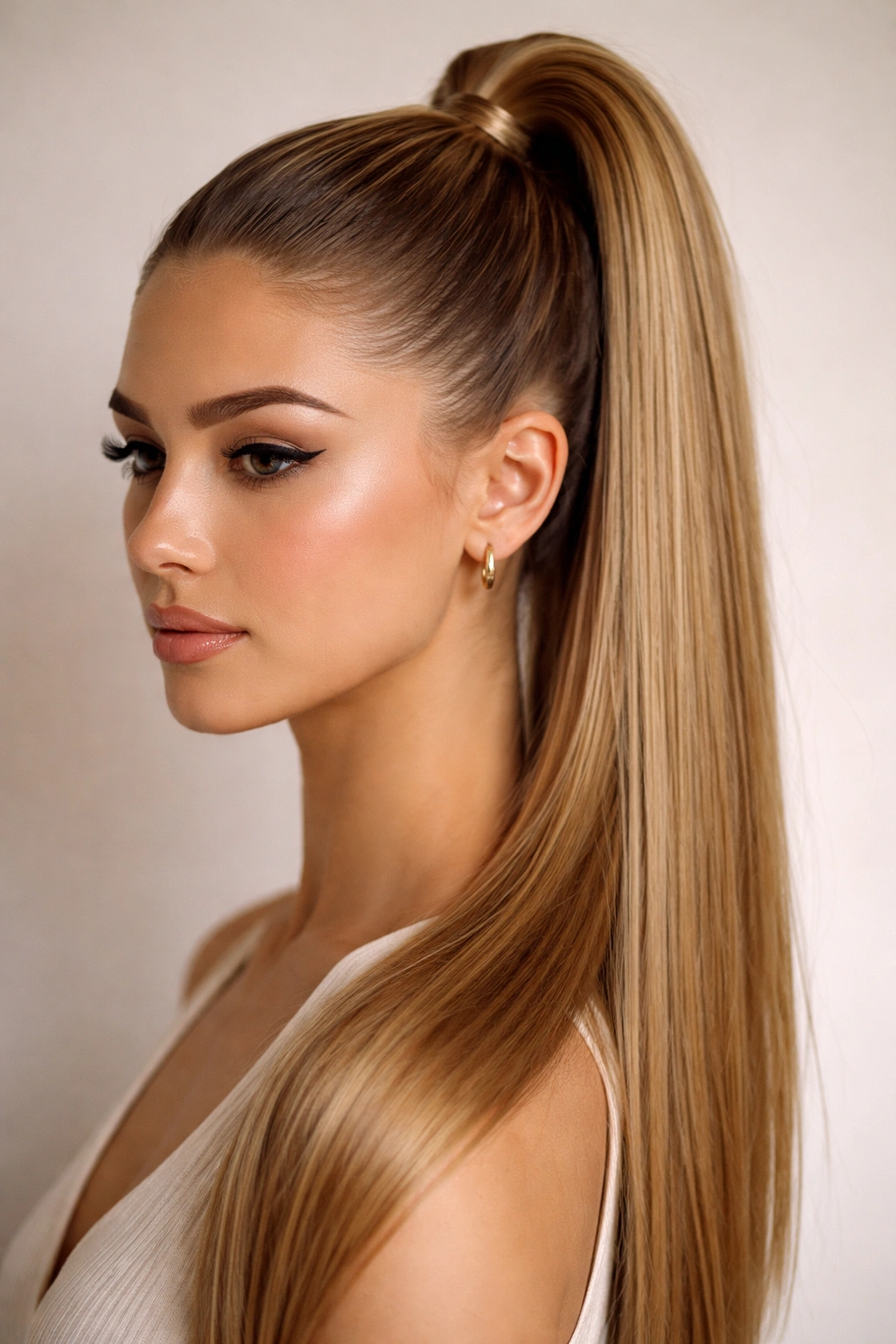 Close-up of a sleek high ponytail on straight hair with crown placement