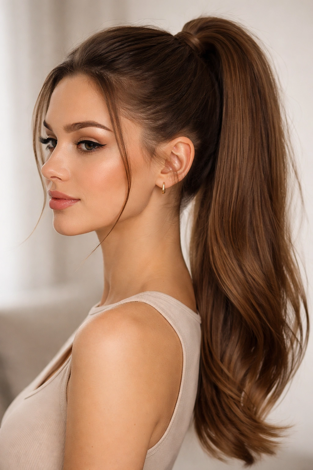 Close-up of a sleek high ponytail with minimal flyaways