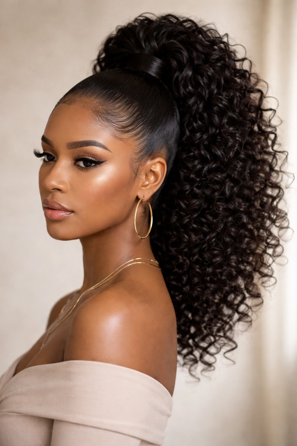 Close-up of a model with a high curly ponytail and sleek base emphasizing height and curl texture