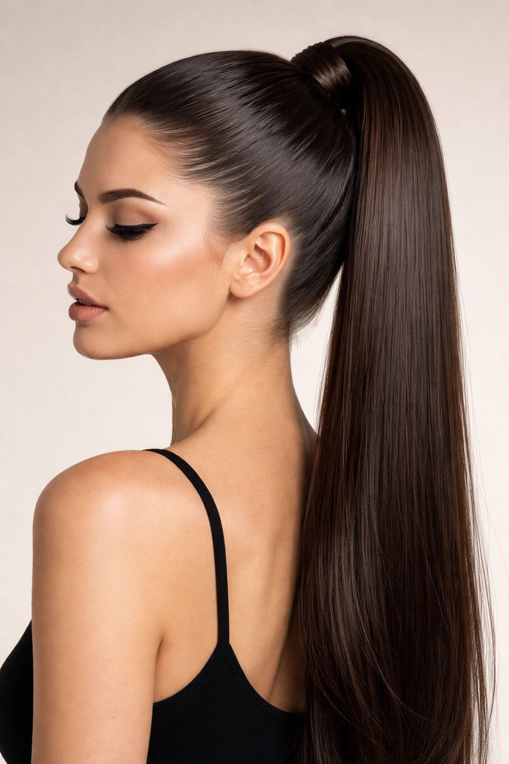 Close-up of a classic high sleek ponytail at the crown with glossy, smooth hair
