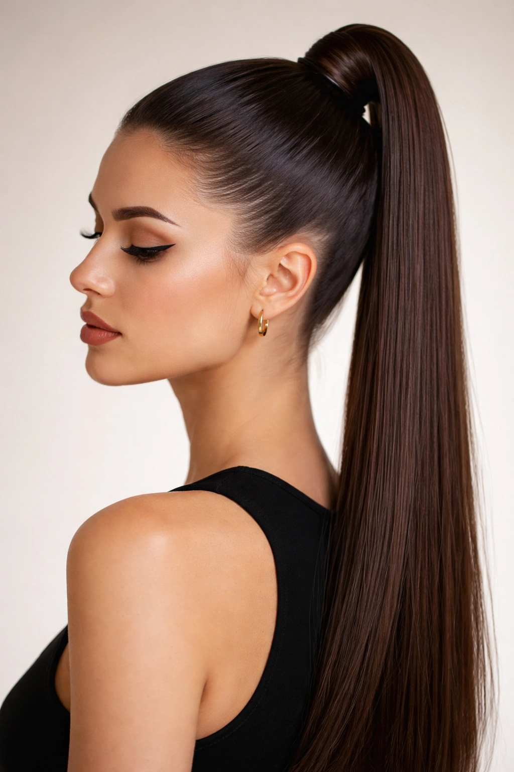 Close-up of a high sleek ponytail on straight hair with glossy crown