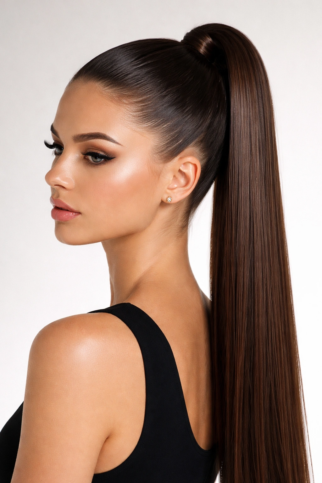 High, stick-straight ponytail with flawless shine and smooth roots.