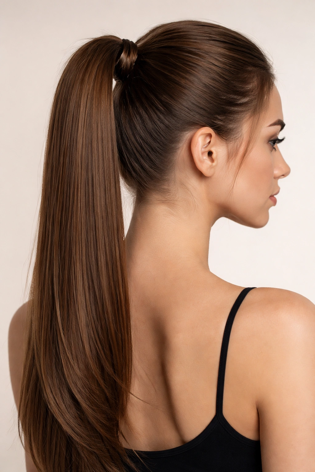 Close-up of a classic high ponytail on straight, glossy hair