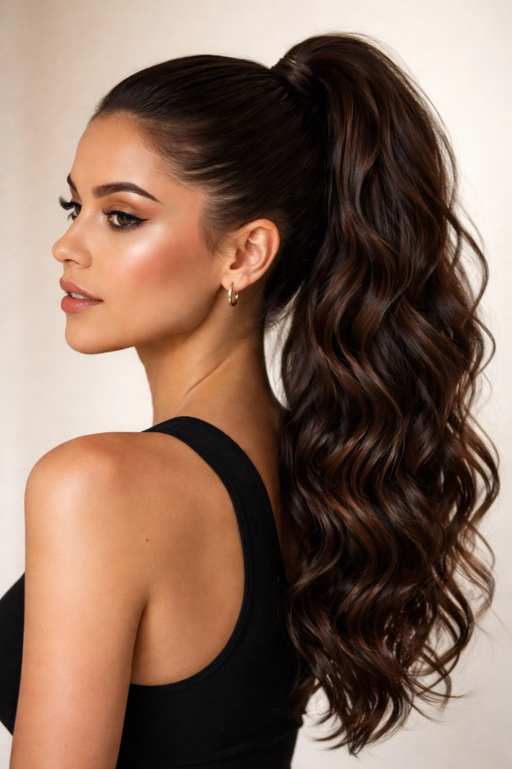 Close-up of sleek high ponytail with textured waves at crown