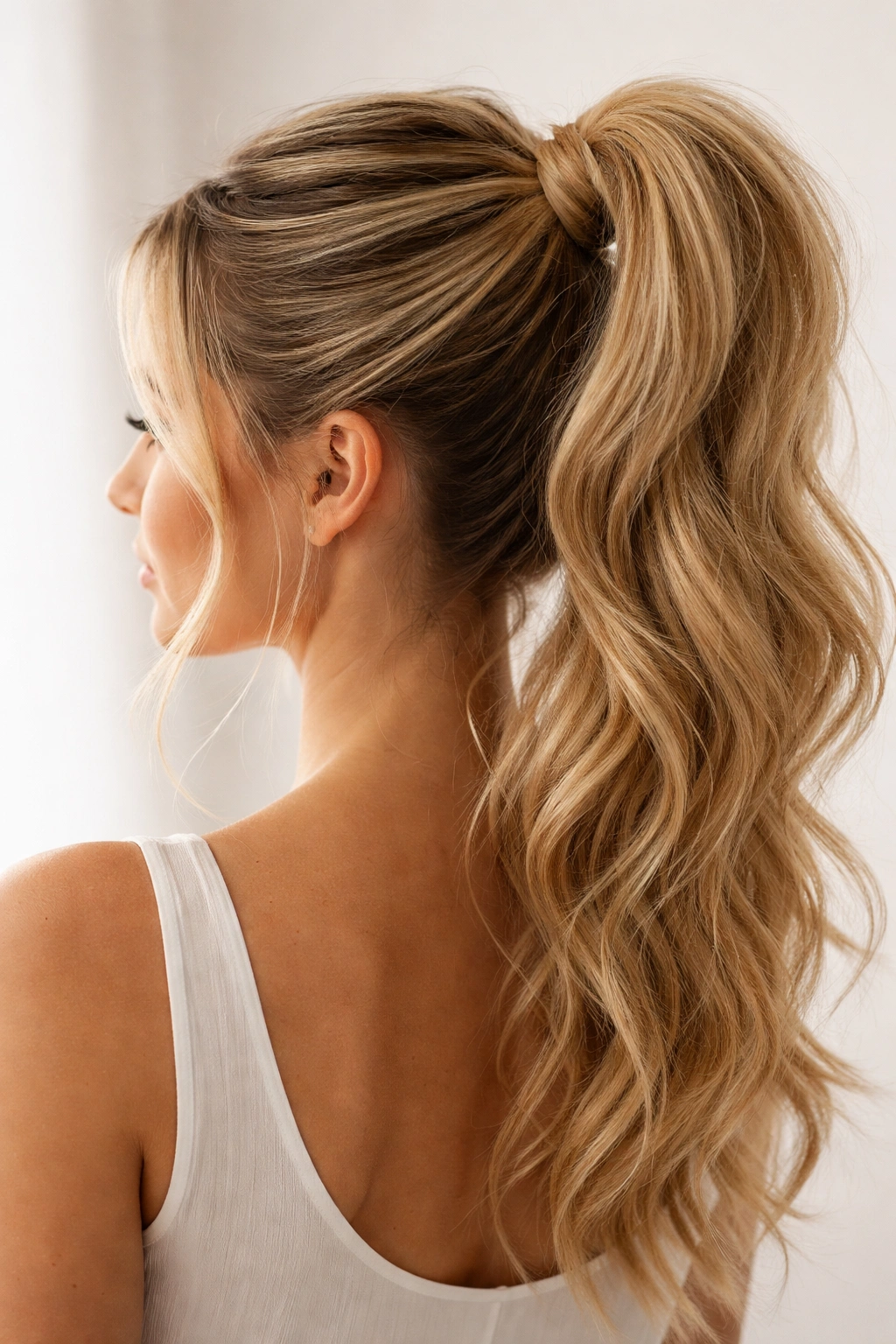 High ponytail with textured waves wrapped at the base