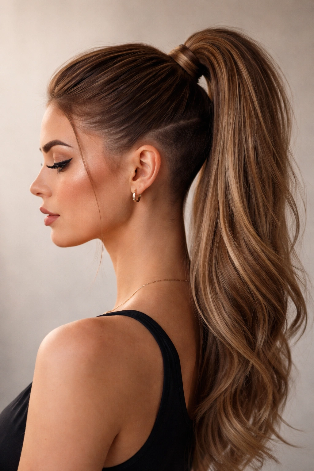 Close-up side profile of a high ponytail showing an undercut detail creating a sculptural base.