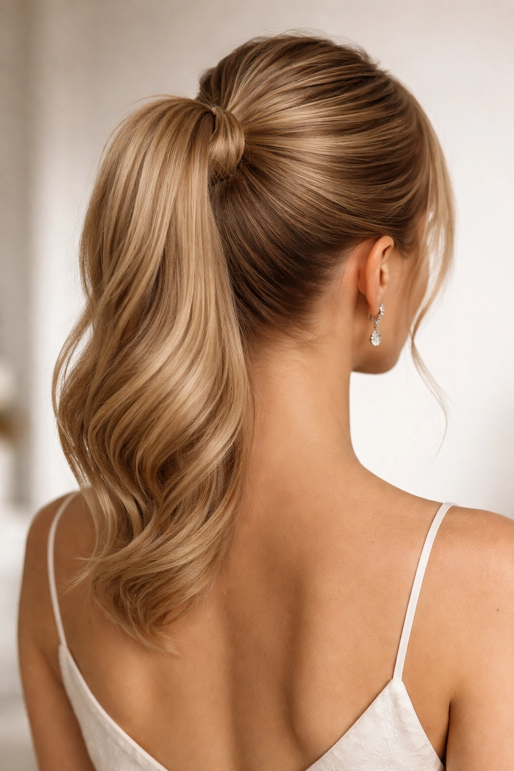 Classic high ponytail updo viewed from back with smooth bun