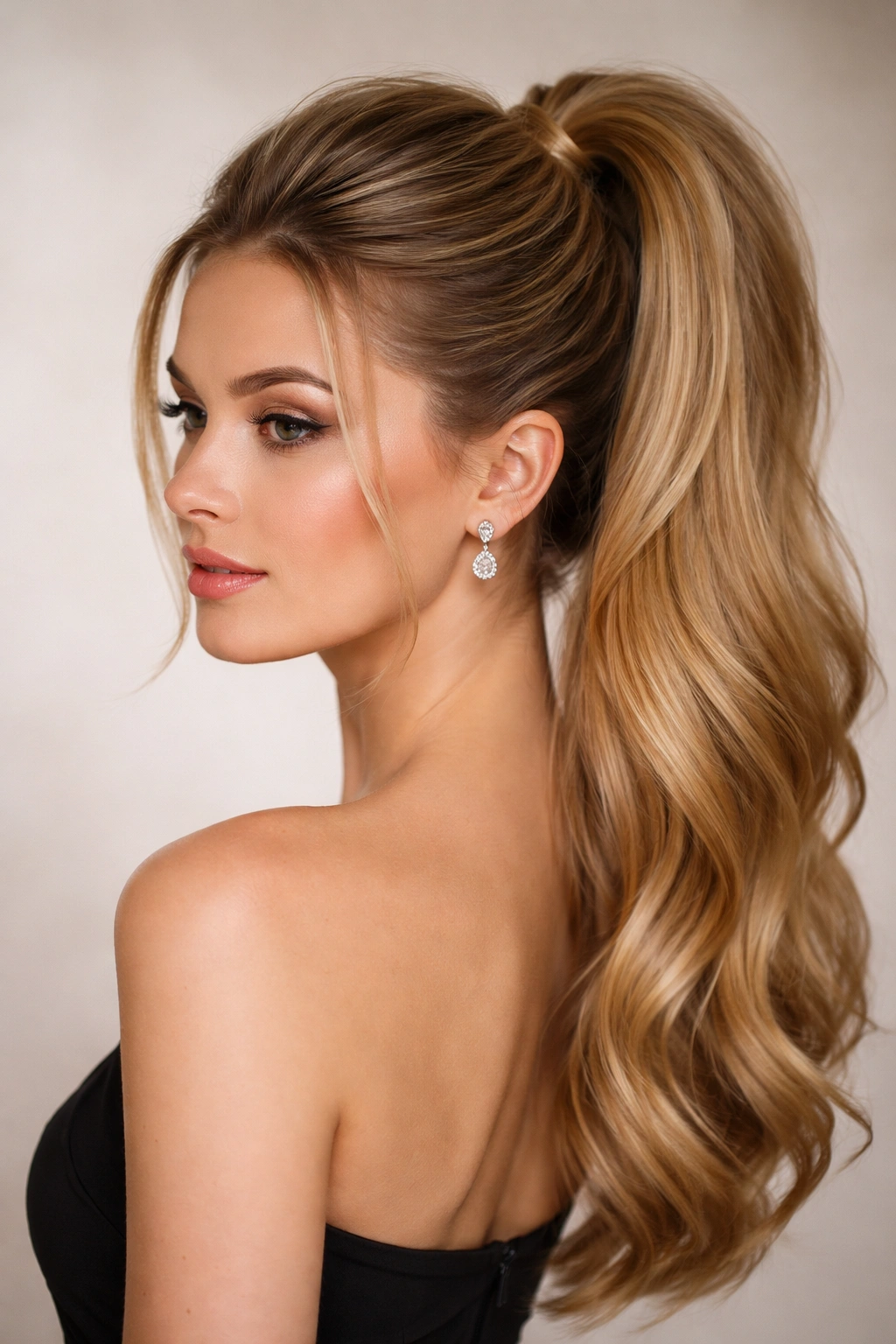 Close-up of a classic high ponytail with crown volume, polished and elegant