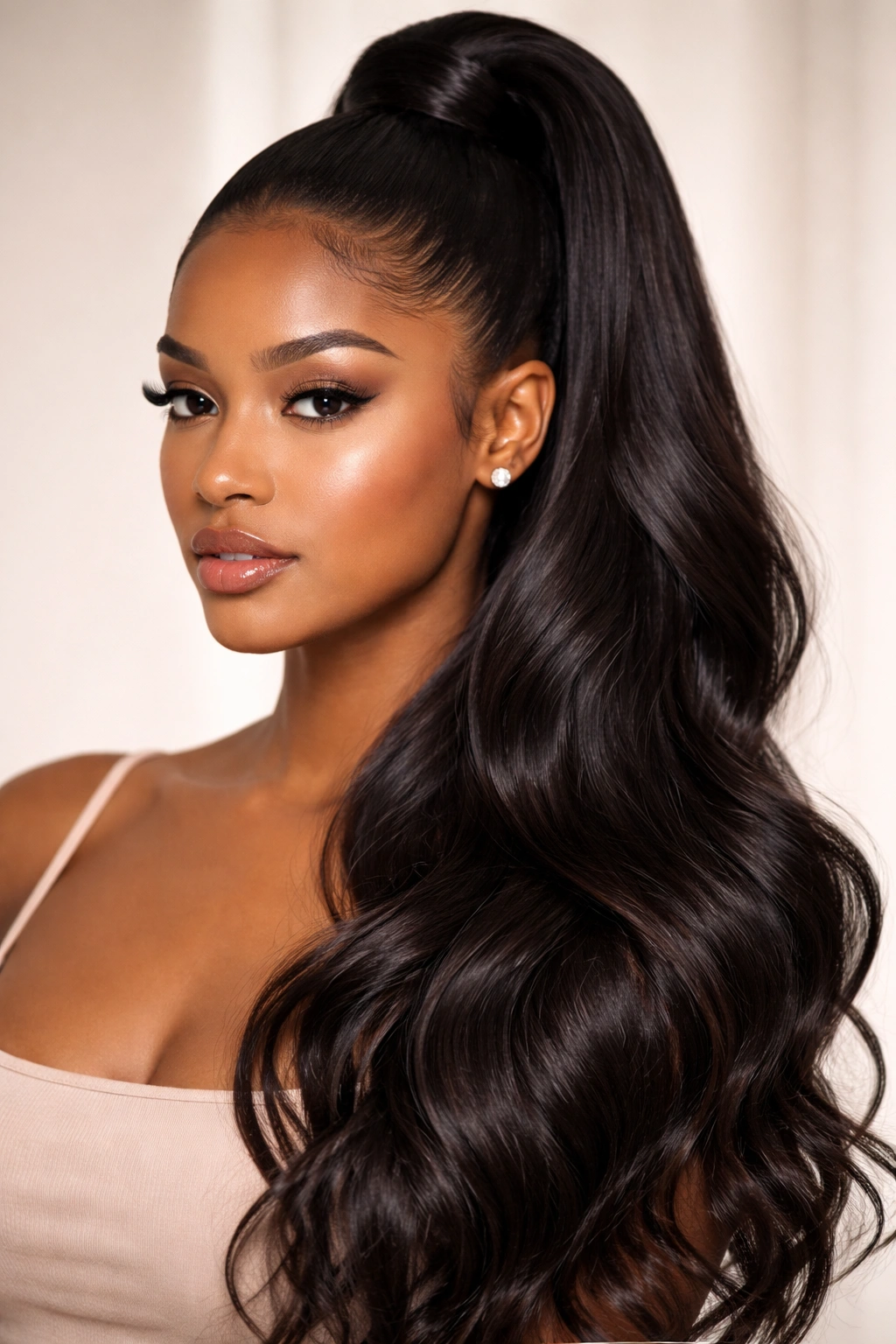 Close-up of a sleek high ponytail with side weave and flowing bottom waves.