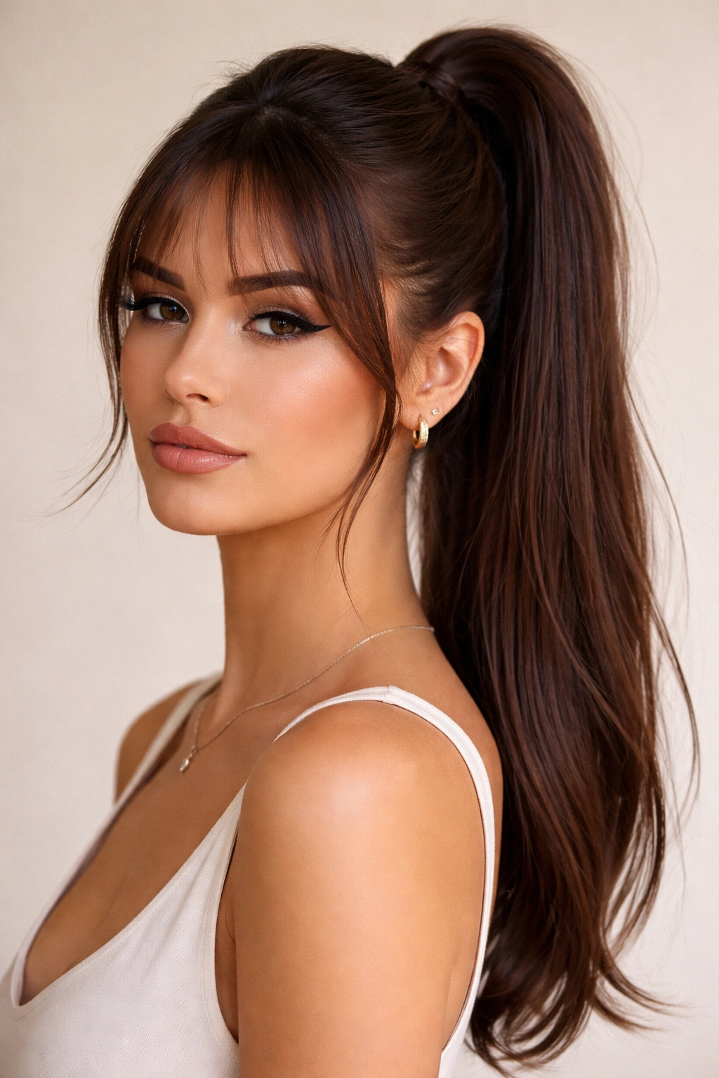 Sleek high ponytail with wispy curtain bangs in a polished studio portrait
