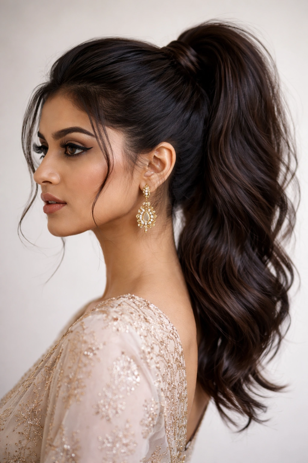 High ponytail with wrap-around hair concealing elastic and face-framing pieces