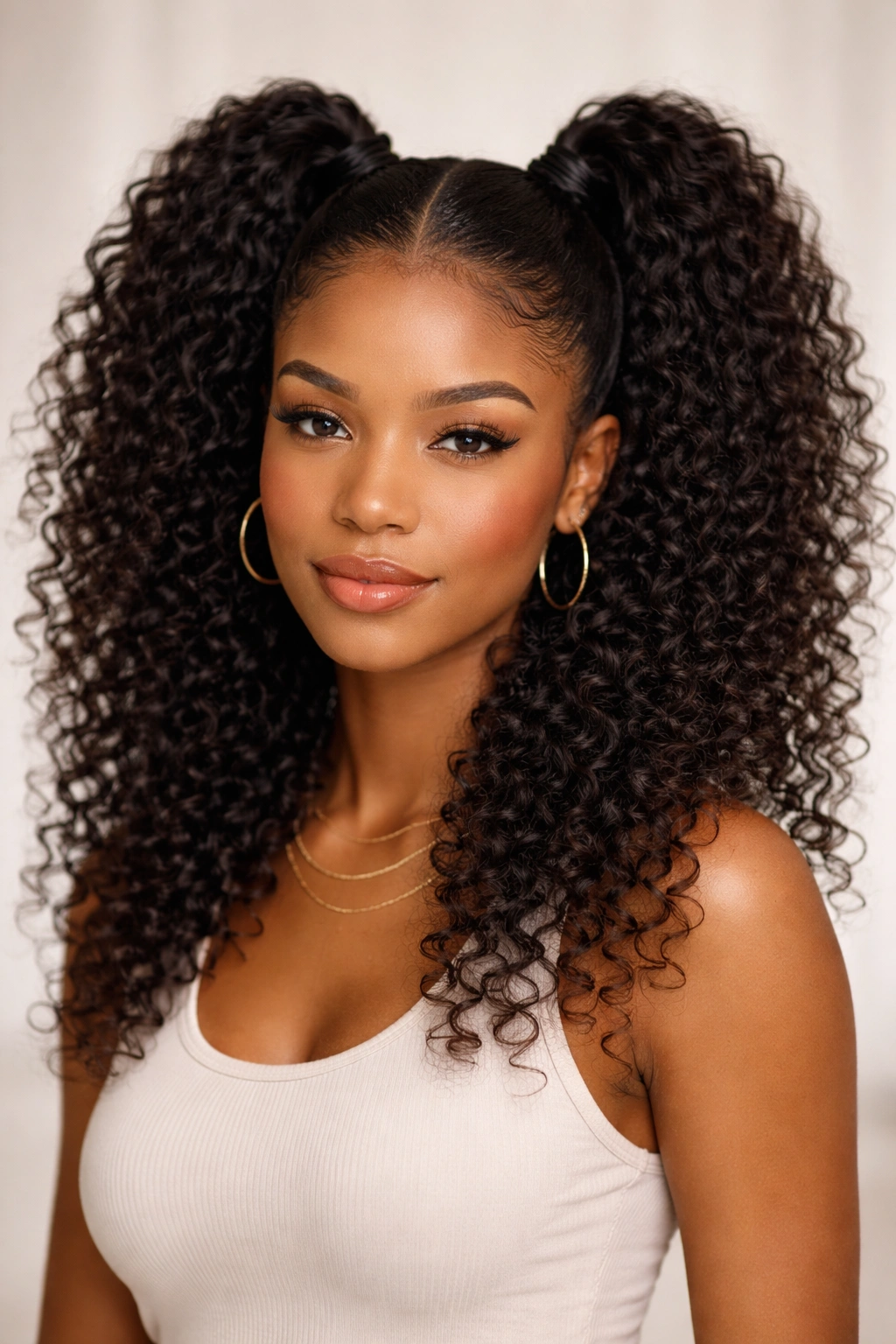 Close-up of high double ponytails with voluminous curls on natural hair